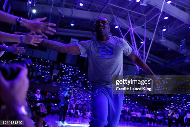 Dariq Whitehead of the Duke Blue Devils high-fives the Cameron Crazies during Countdown to Craziness at Cameron Indoor Stadium on October 21, 2022 in...