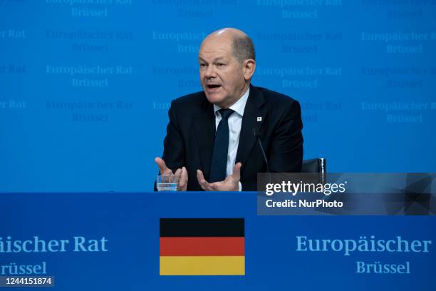 Olaf Scholz the Federal Chancellor of Germany talks to the media at a press conference in Europa Building after the end of the second day of the...