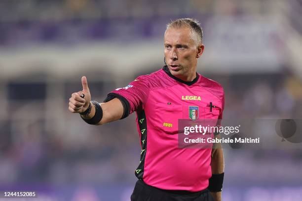 Paolo Valeri referee gestures during the Serie A match between ACF Fiorentina and FC Internazionale at Stadio Artemio Franchi on October 22, 2022 in...