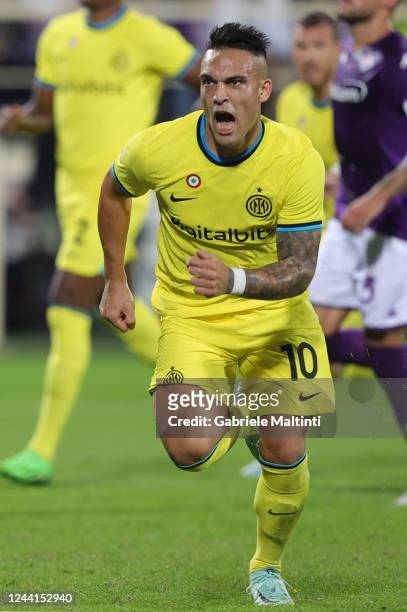 Lautaro Javier Martínez of FC Internazionale celebrates after scoring a goal during the Serie A match between ACF Fiorentina and FC Internazionale at...