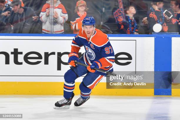 Connor McDavid of the Edmonton Oilers participates in the pre-game skate before the game against the St. Louis Blues on October 22, 2022 at Rogers...