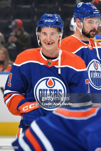 Ryan McLeod of the Edmonton Oilers smiles during the pre-game skate before the game against the St. Louis Blues on October 22, 2022 at Rogers Place...