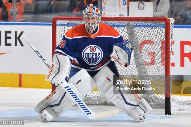 Jack Campbell of the Edmonton Oilers looks on during the pre-game skate before the game against the St. Louis Blues on October 22, 2022 at Rogers...