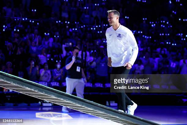 Head coach Jon Scheyer of the Duke Blue Devils is introduced during Countdown to Craziness at Cameron Indoor Stadium on October 21, 2022 in Durham,...
