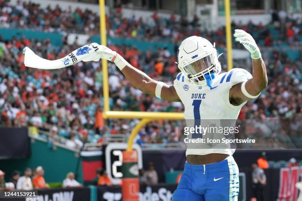 Duke Blue Devils defensive back Darius Joiner celebrates his pick six during the game between the Duke Blue Devils and the Miami Hurricanes on...
