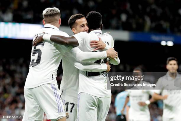 Lucas Vazquez of Real Madrid celebrates 2-1 with Fede Valverde of Real Madrid, Vinicius Junior of Real Madrid during the La Liga Santander match...