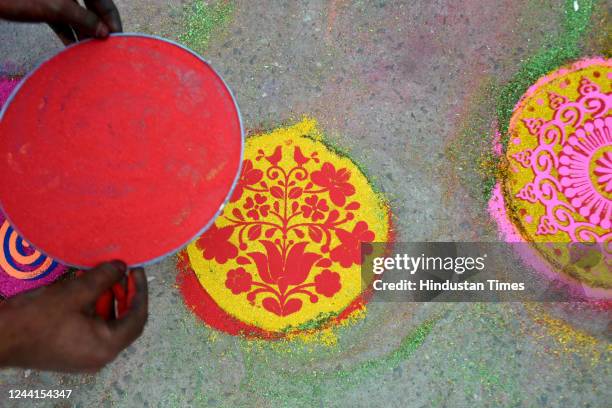 Colours on sale for Rangoli art ahead of Diwali, at Sector 27 Indra market, on October 22, 2022 in Noida, India.