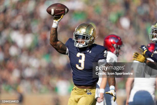 Notre Dame Fighting Irish running back Logan Diggs celebrates with the football after a blocked punt in action during a football game between the...