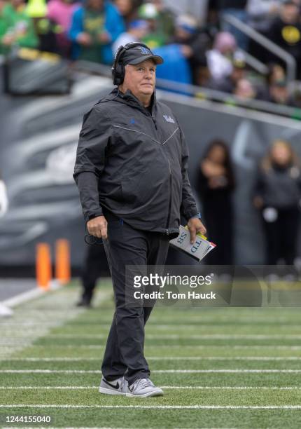 Head coach of the UCLA Bruins Chip Kelly was on the sidelines during the first half against the Oregon Ducks at Autzen Stadium on October 22, 2022 in...
