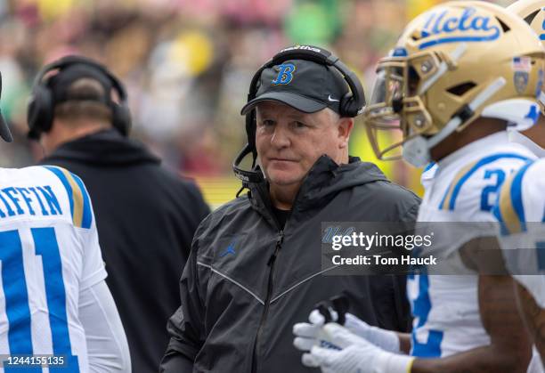 Head coach of the UCLA Bruins Chip Kelly was on the sidelines during the first half against the Oregon Ducks at Autzen Stadium on October 22, 2022 in...