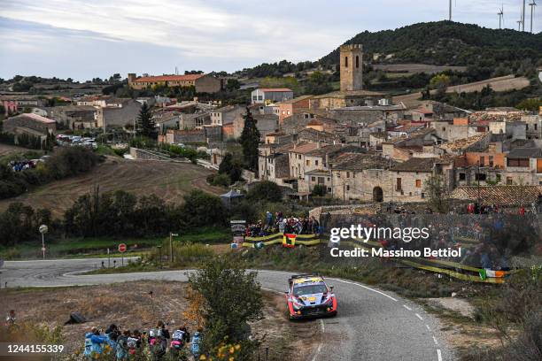 Ott Tanak of Estonia and Martin Jarveoja of Estonia are competing with their Hyundai Shell Mobis WRT Hyundai i20N Rally1 Hybrid during Day Three of...