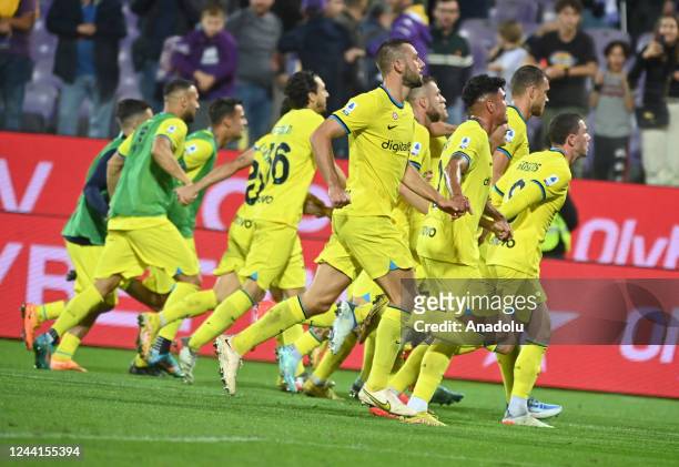 Interâs players celebrate the victory during the Italian serie A soccer match between Acf Fiorentina vs F.C Internazionale Milano at Stadio Artemio...