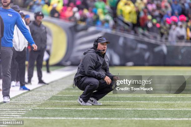 Head coach of the UCLA Bruins Chip Kelly was on the sidelines during the first half against the Oregon Ducks at Autzen Stadium on October 22, 2022 in...