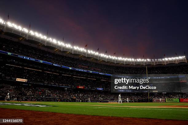 General view of Yankee Stadium at sunset during Game 3 of the ALCS between the Houston Astros and the New York Yankees on Saturday, October 22, 2022...