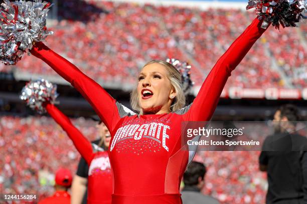 Member of the Ohio State Buckeyes dance team on the sideline during the first quarter of the college football game between the Iowa Hawkeyes and Ohio...