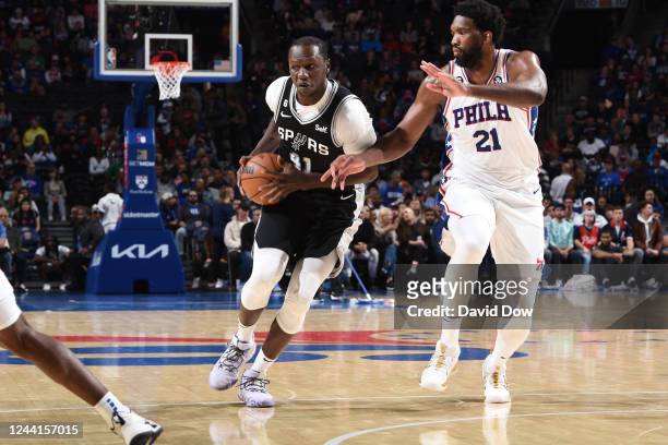 Gorgui Dieng of the San Antonio Spurs dribbles the ball during the game against the Philadelphia 76ers on October 22, 2022 at the Wells Fargo Center...