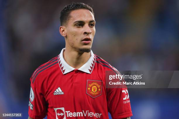 Antony of Manchester United during the Premier League match between Chelsea FC and Manchester United at Stamford Bridge on October 22, 2022 in...