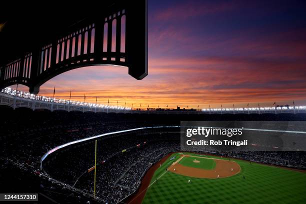 General view of Yankee Stadium at sunset during Game 3 of the ALCS between the Houston Astros and the New York Yankees at Yankee Stadium on Saturday,...