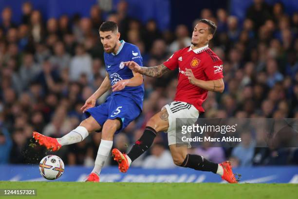 Jorginho of Chelsea in action with Antony of Manchester United during the Premier League match between Chelsea FC and Manchester United at Stamford...