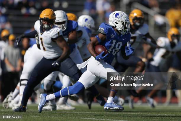 Buffalo Bulls wide receiver Jamari Gassett runs during the first quarter of a college football game against the Toledo Rockets on October 22 at UB...