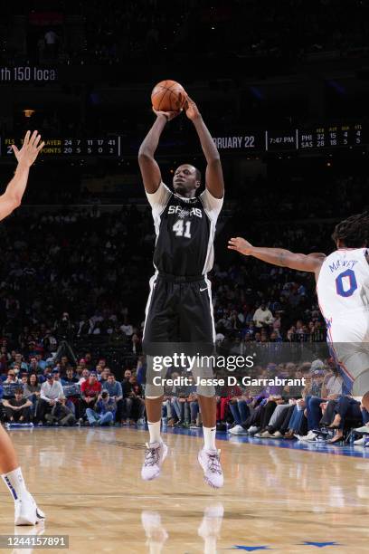 Gorgui Dieng of the San Antonio Spurs shoots a three point basket during the game against the Philadelphia 76ers on October 22, 2022 at the Wells...