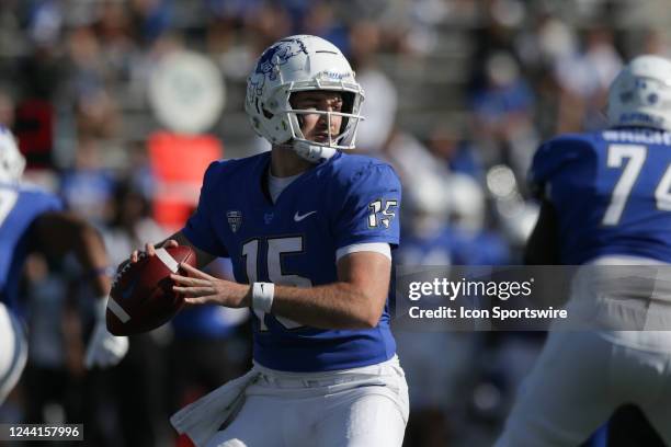 Buffalo Bulls quarterback Cole Snyder looks to pass during the second quarter of a college football game against the Toledo Rockets on October 22 at...