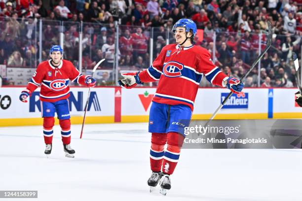 Arber Xhekaj of the Montreal Canadiens celebrates his first career NHL goal during the second period of the game against the Dallas Stars at Centre...