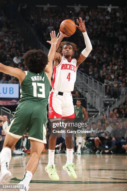 Jalen Green of the Houston Rockets shoots the ball during the game against the Milwaukee Bucks on October 22, 2022 at the Fiserv Forum Center in...