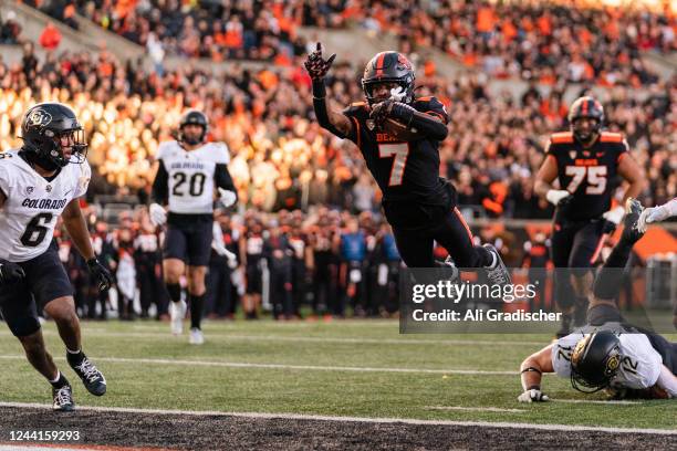Wide receiver Silas Bolden of the Oregon State Beavers flies into the end zone to complete a 16 yard touchdown during the first half of the game...