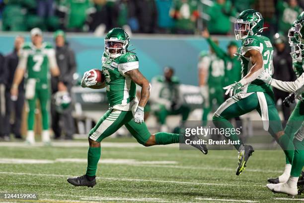 Mario Alford of the Saskatchewan Roughriders runs to the end zone for a touchdown during the game against the Calgary Stampeders at Mosaic Stadium on...