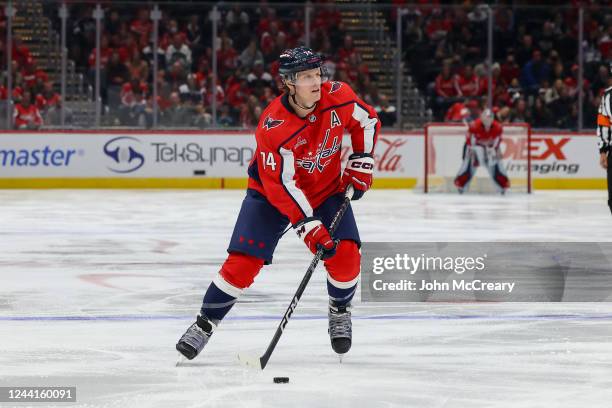 John Carlson of the Washington Capitals looks for a shooting lane during a game against the Los Angeles Kings at Capital One Arena on October 22,...