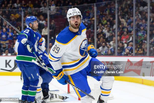 Alex Tuch of the Buffalo Sabres celebrates after scoring a goal on Thatcher Demko of the Vancouver Canucks during their NHL game at Rogers Arena...