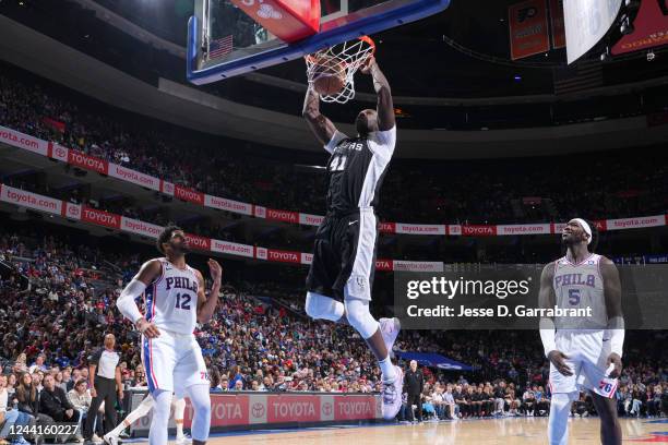 Gorgui Dieng of the San Antonio Spurs dunks the ball during the game against the Philadelphia 76ers on October 22, 2022 at the Wells Fargo Center in...