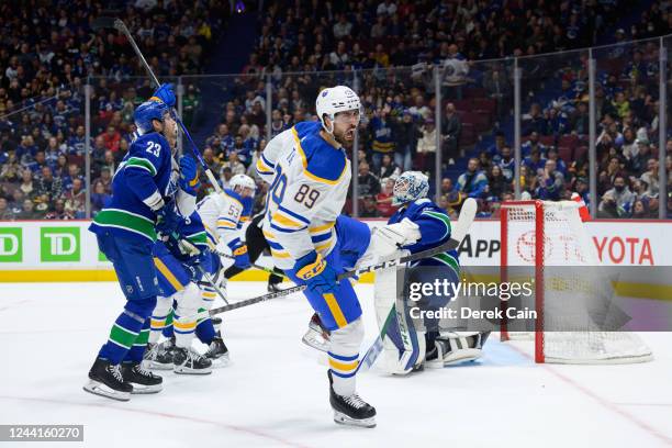 Alex Tuch of the Buffalo Sabres celebrates after scoring a goal on Thatcher Demko of the Vancouver Canucks during their NHL game at Rogers Arena...