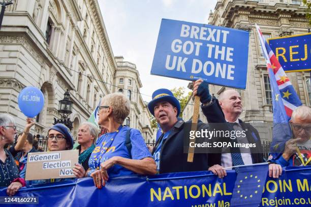Anti-Brexit activist Steve Bray holds an anti-Brexit placard during the demonstration outside Downing Street. Thousands of people marched through...