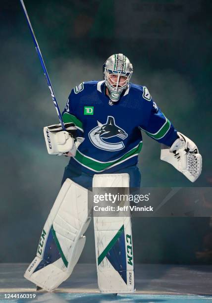 Thatcher Demko of the Vancouver Canucks skates onto the ice before their NHL game against the Buffalo Sabres at Rogers Arena October 22, 2022 in...