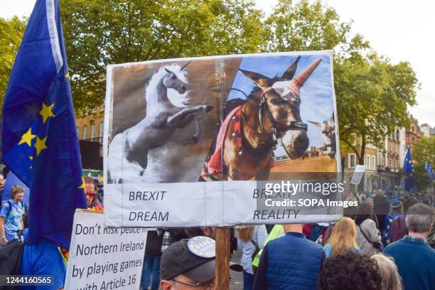 Protester holds a placard mocking Brexit during the demonstration outside Downing Street. Thousands of people marched through Central London...