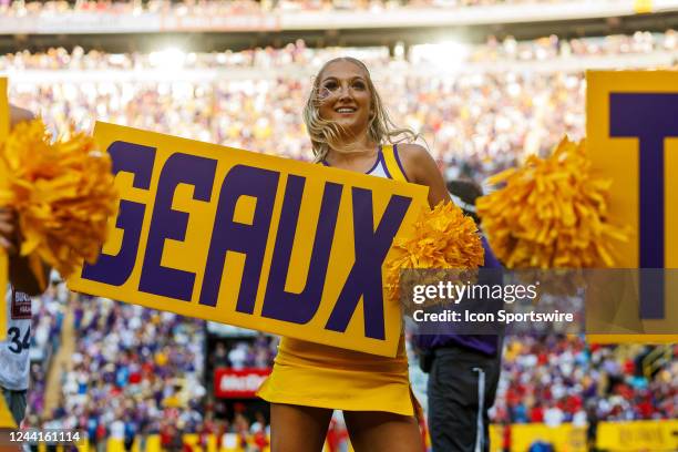 Tigers cheerleaders entertain the crowd during a game between the LSU Tigers and the Ole Miss Rebels at Tiger Stadium in Baton Rouge, Louisiana on...