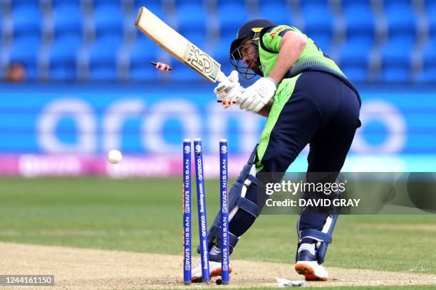 Ireland's Captain Andrew Balbirnie is clean bowled off Sri Lanka's Lahiru Kumara during the ICC men's Twenty20 World Cup 2022 cricket match between...