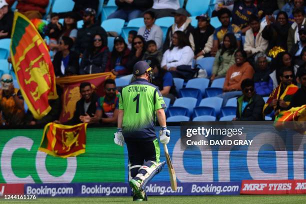 Ireland's Paul Stirling walks back to the pavilion after his dismissal during the ICC men's Twenty20 World Cup 2022 cricket match between Sri Lanka...