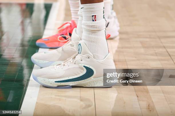 The sneakers worn by Giannis Antetokounmpo of the Milwaukee Bucks during the game against the Houston Rockets on October 22, 2022 at the Fiserv Forum...