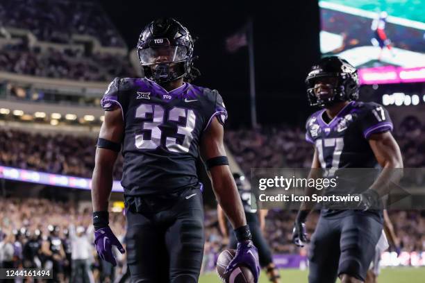 Horned Frogs running back Kendre Miller scores a touchdown during the game between the TCU Horned Frogs and the Kansas State Wildcats on October 22,...