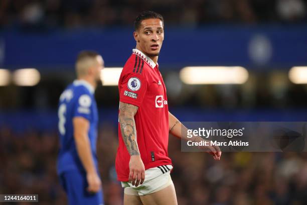 Antony of Manchester United during the Premier League match between Chelsea FC and Manchester United at Stamford Bridge on October 22, 2022 in...