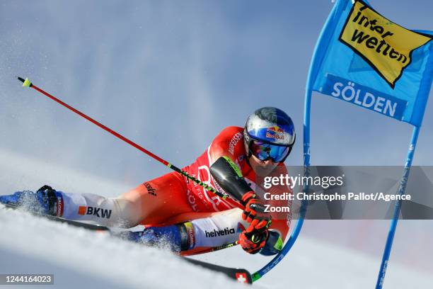 Marco Odermatt of Team Switzerland in action during the Audi FIS Alpine Ski World Cup Men's Giant Slalom on October 23, 2022 in Soelden, Austria.