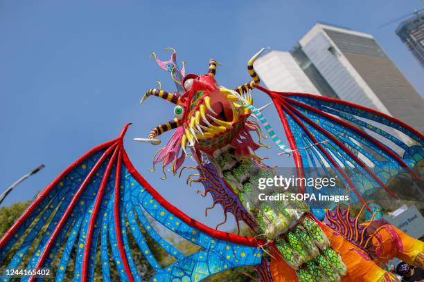 An Alebrije passes over Paseo de la Reforma during the Parade of Monumental Alebrijes. The 14th edition of the Monumental Alebrijes Parade takes...