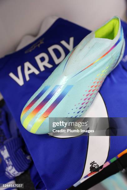 Jamie Vardy of Leicester Citys kit is laid out in the away dressing room at Molineux ahead of the Premier League match between Wolverhampton...