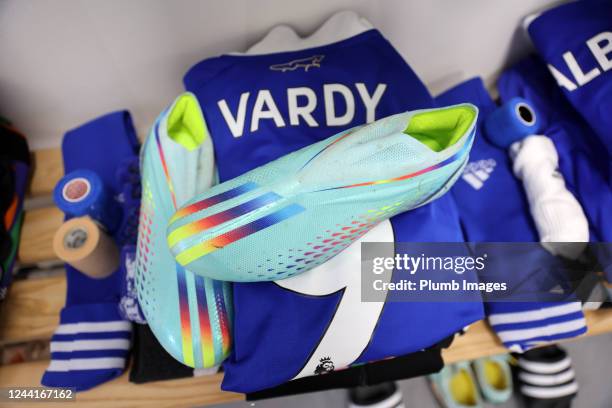 Jamie Vardy of Leicester Citys kit is laid out in the away dressing room at Molineux ahead of the Premier League match between Wolverhampton...