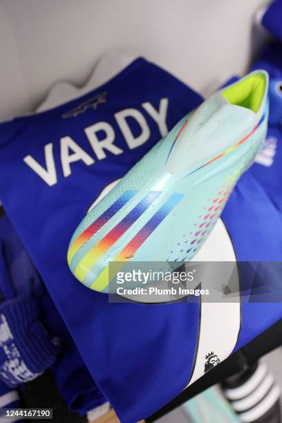 Jamie Vardy of Leicester Citys kit is laid out in the away dressing room at Molineux ahead of the Premier League match between Wolverhampton...