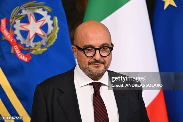 Italy's Culture Minister, Gennaro Sangiuliano poses prior to the new government's first Cabinet meeting on October 23, 2022 at Palazzo Chigi in Rome....