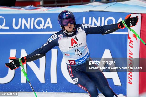 Henrik Kristoffersen of Team Norway celebrates during the Audi FIS Alpine Ski World Cup Men's Giant Slalom on October 23, 2022 in Soelden, Austria.